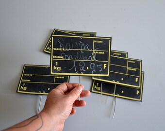 Vintage Schieferetikett, 7er Set Metzger- oder Lebensmittelpicker, Kilopreis, Frankenpreis, Größe, Gemüse- oder Obstsortenpicker