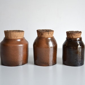 Three French kitchen pots, antique glazed stoneware, farmhouse kitchen decor