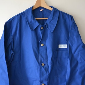 Vintage work jacket with logo, Bugatti blue cotton, french workwear, size L-XL