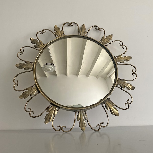 Miroir rond convexe fleur, oeil de sorcière, verre bombé / années 60