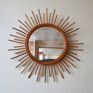 Vintage sunburst rattan mirror / french bamboo mirror 60s