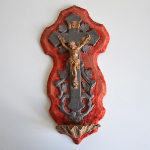 Antique wall crucifix holy water font, red velvet, French religious antique, 12inch