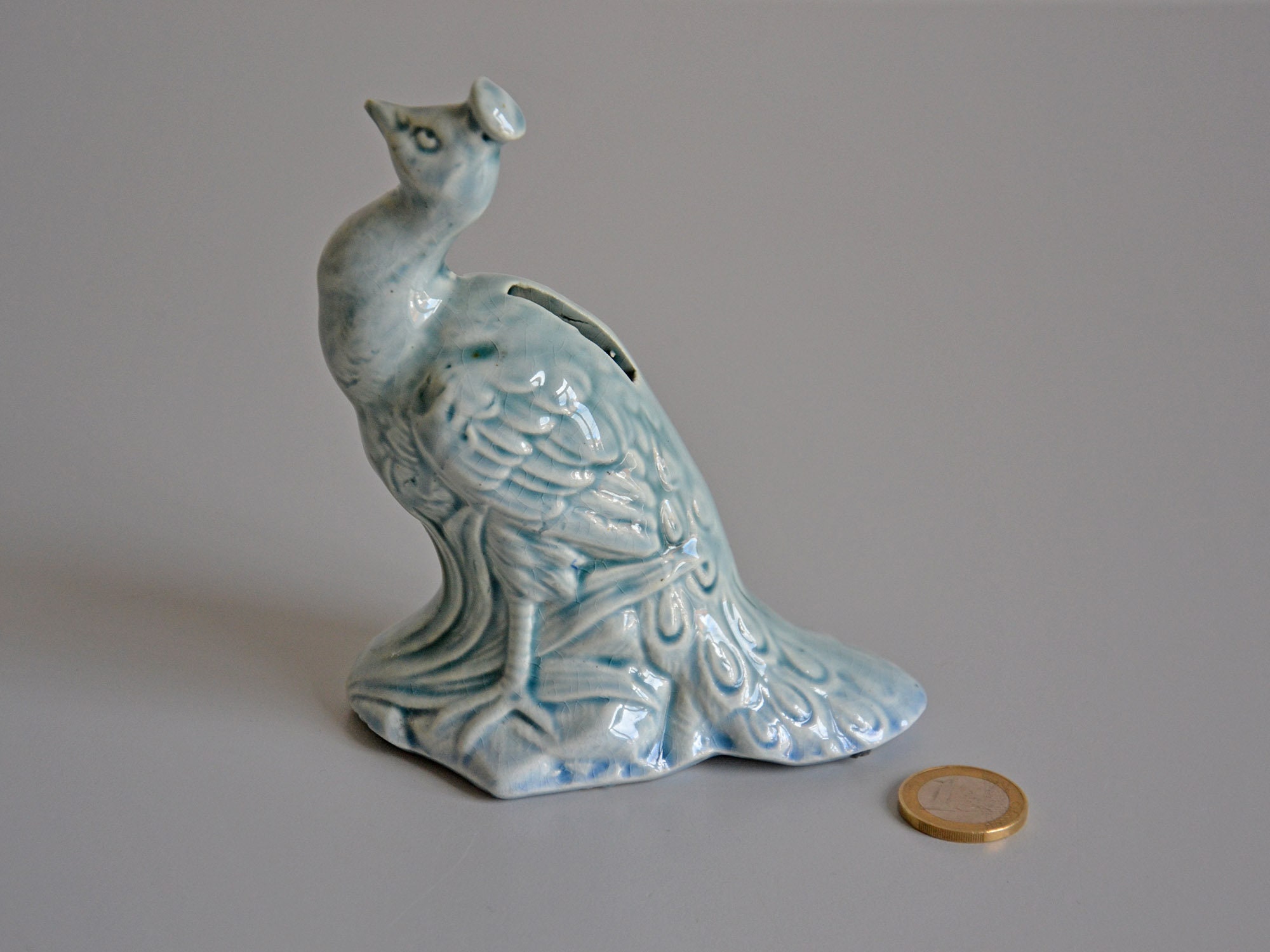 Tirelire en Faience Paon/Vanité et Curiosité Vintage Céramique France Année 70