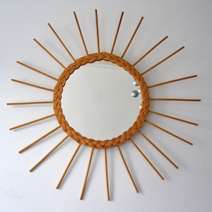 Vintage sunburst rattan mirror, french woven wicker mirror