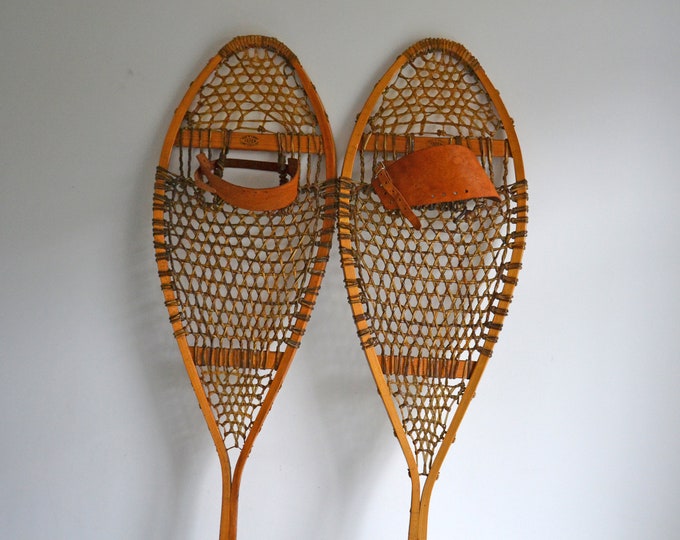 Vintage Wooden Bear Paw Snow Shoes FABER CANADA, Snowshoe Walk Rustic