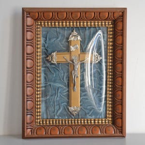 Religious reliquary frame with crucifix, convex glass 1900, vintage devotional wall decoration
