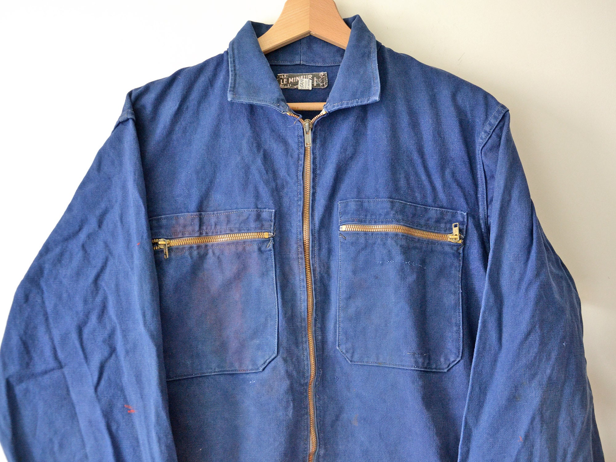 Indigo Blue Work Jacket, Vintage Zip Jacket, Cycling Shape