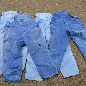 Set of 4 vintage work overalls, worn and patched indigo blue, workwear to repair
