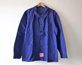 Vintage Work Jacket, Indigo Blue Cotton, French Workwear, Size L