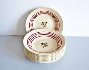 Set of 10 antique GIEN soup plates, French earthenware, flower pattern, vintage shabby table from the 40s