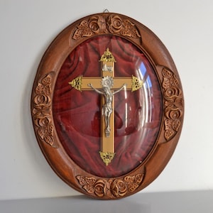Religious reliquary frame with crucifix, convex glass 1900, vintage devotional wall decoration