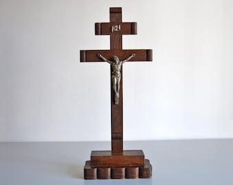 Crucifijo de altar de mesa de madera antiguo, estilo modernista, antigüedad religiosa, 50cm
