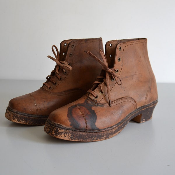 Bottines Vintage, boots en cuir semelle en bois, chaussures sabot