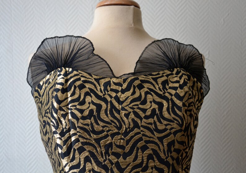 Elaine Closs Black and Gold Strap Bustier Cocktail Dress 70s