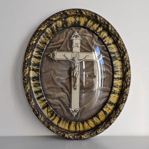 Religious reliquary frame with crucifix, convex glass 1900, vintage devotional wall decoration