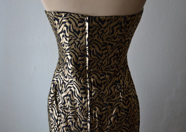 Elaine Closs Black and Gold Strap Bustier Cocktail Dress 70s