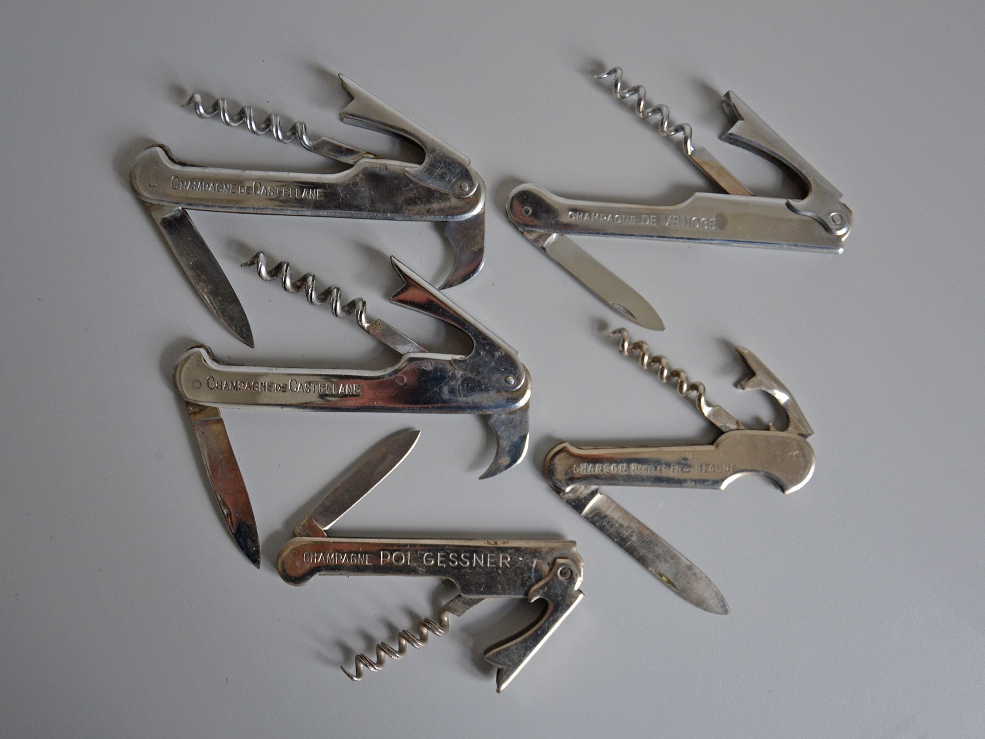 Lot de 5 Couteaux Pliants Champagne Vintage/Collection Publicitaire Vin Français Années 70