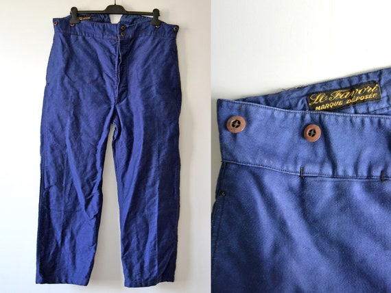 Vintage Indigo Blue Moleskin Work Pants With Martingale LE