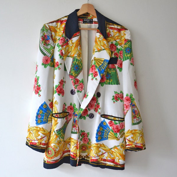 Veste de costume vintage années 80 WANITY Paris France, motif fleur éventail, taille XL