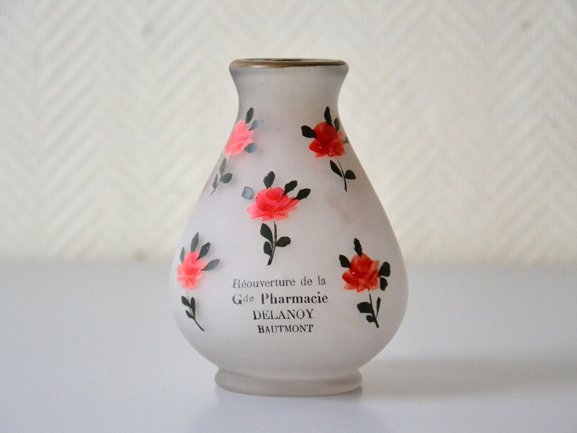 Vase Soliflore Publicitaire en Verre et Motif de Roses/Vintage Français Années 60