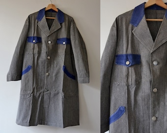 Vintage Denim Arbeitsbluse, 60er Jahre Workwear, Größe L