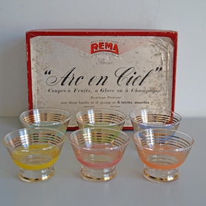 Set of 6 RAINBOW glasses, vintage fruit bowls, ice cream bowls or champagne glasses