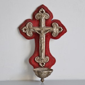 Antique wall crucifix holy water font, red velvet, French religious antique, 8inch