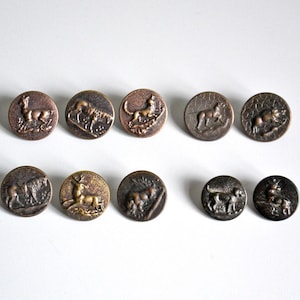Puede incluir: Una colección de diez botones metálicos antiguos con diseños de animales en relieve. Los botones presentan varios animales, incluyendo ciervos, perros y otros animales salvajes, en una gama de tonos bronce y cobre. Los botones son redondos y tienen un aspecto vintage.