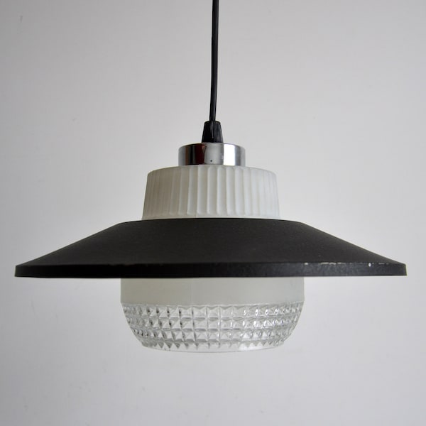 Vintage pendant lamp, metal black and glass ceiling lamp design 70s