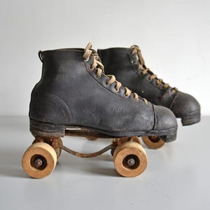 Antique wooden roller skates, french sports decoration ANTONIO Bordeaux France, 1940s shoes collection