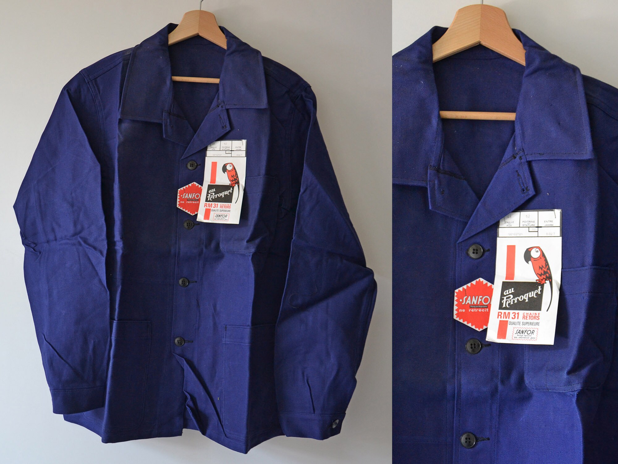 AU PERROQUET, Vintage Work Jacket, Indigo Blue Cotton, Size L