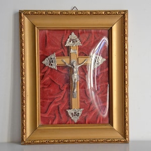Religious reliquary frame with crucifix, convex glass 1900, vintage devotional wall decoration