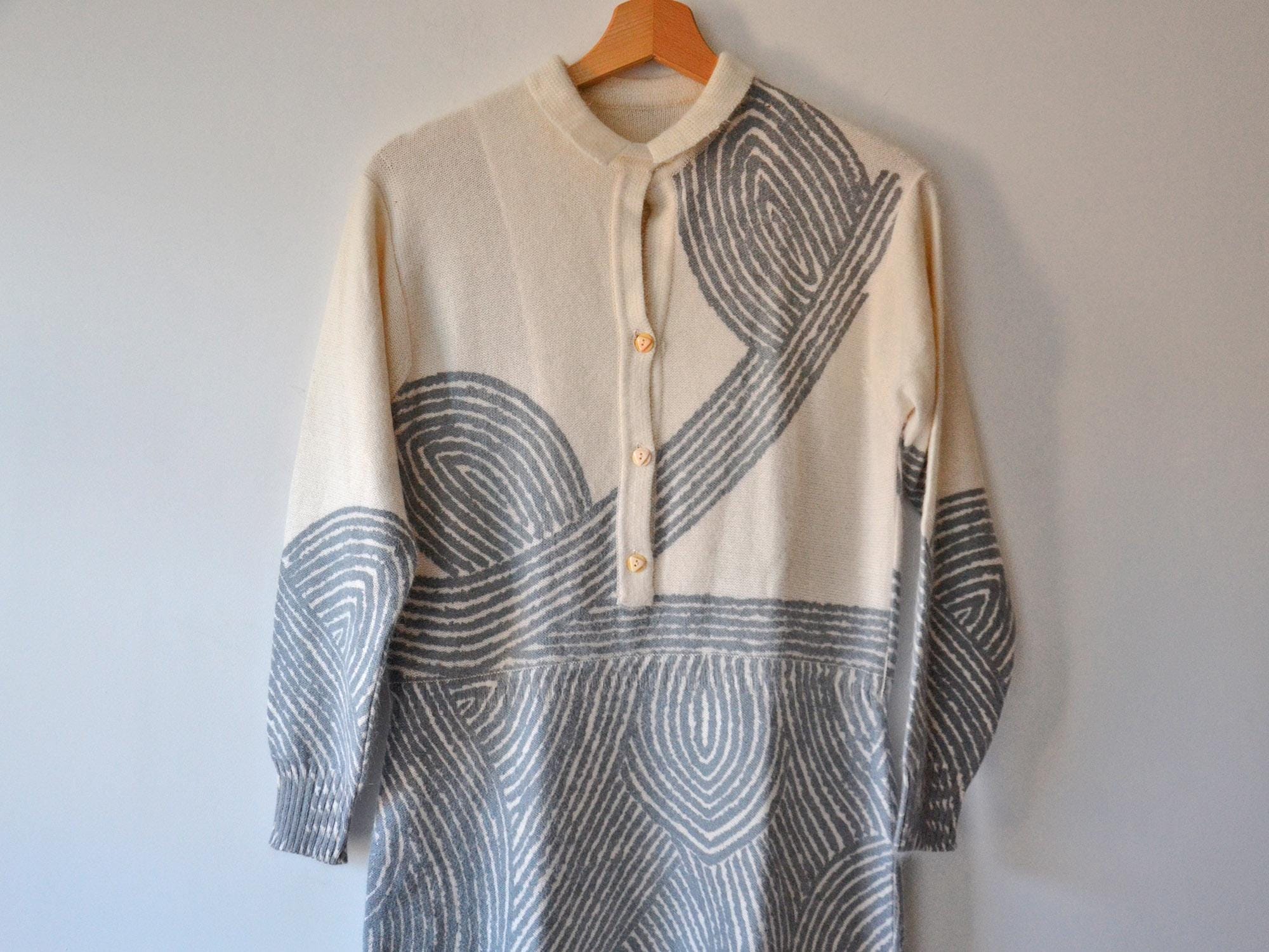 Robe Vintage Années 70 En Jersey De Laine - Taille 38 - Ivoire Et Rose - Avec Ceinture