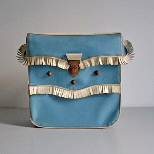 Vintage blue with fringes pannier, French saddlebag for Bicycle, vespa, moped ou motorcycle bag 70s