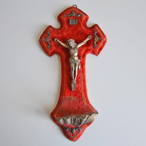 Antique wall crucifix holy water font, red velvet, French religious antique, 10inch
