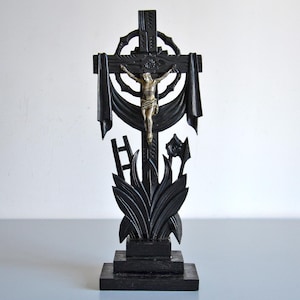Antique black wooden table altar crucifix, Napoleon III style, religious antique
