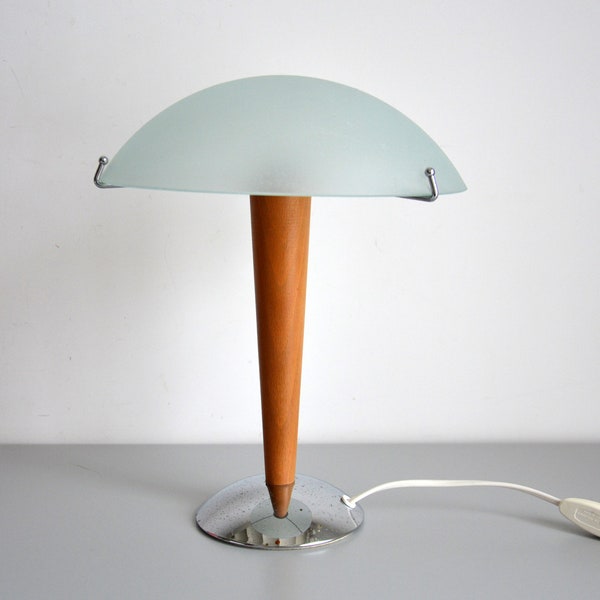 Vintage IKEA Kvintol, Mushroom lamp, wood and milky glass, table lamp