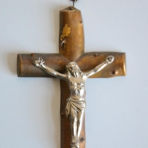Antique metal wall crucifix, hairy war craft, religious antique