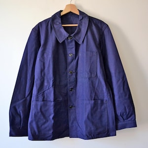 Jaqueta de trabalho vintage, algodão azul índigo, roupa de trabalho francesa, tamanho L