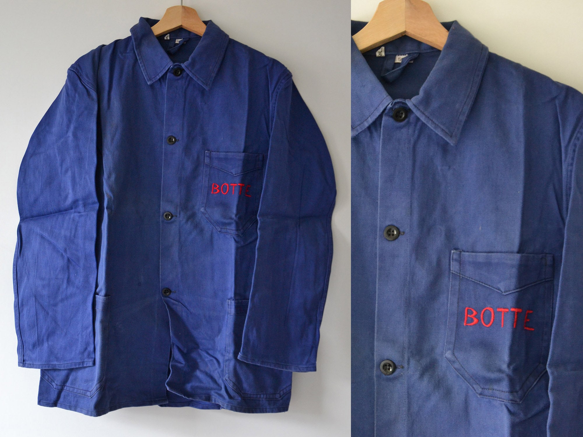 Vintage Work Jacket, BOTTE Embroidery, Indigo Blue Cotton, Size L