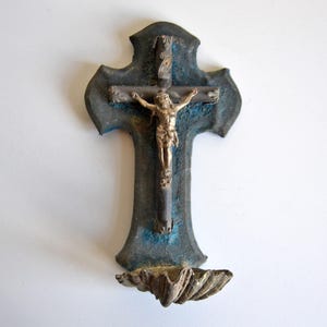 Antique wall crucifix holy water font, blue velvet, French religious antique, 7inch