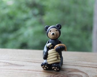 Black Bear with Beehive Figurine - Polymer Clay Bear - Handmade Bear - Bear Sculpture - Hand Sculpted Black Bear Figurine - Sculpey Bear