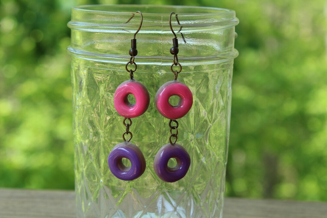 Polymer Clay Doughnut Earrings Pink and Purple Dangle Earrings Handmade