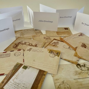 Sternzeichen Flache leere Notecards, Notelets, Karten, Korrespondenzkarten und Vintage oder weiße Umschläge, Geburtstag, Hello!