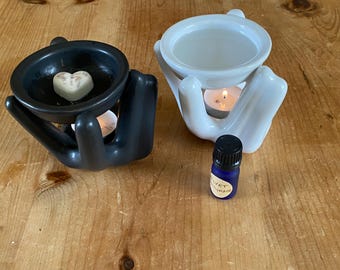 Bruciatore di oli in ceramica – Design Helping Hand, diffusore di cera e oli essenziali, scalda-aromaterapia nero o bianco