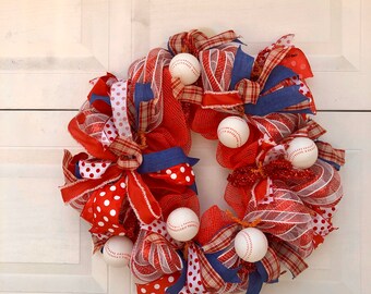 Baseball Wreath, Red White and Blue Baseball Wreath, front Door Wreaths for Baseball Family