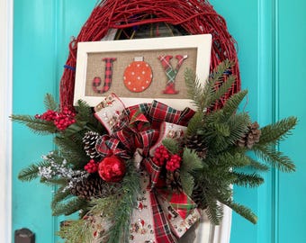 Handmade JOY Christmas Wreath, Plaid Bow, Winter Greenery