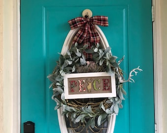 Christmas wreath, Christmas plaid decor for front door, peace sign, holiday reindeer antlers,