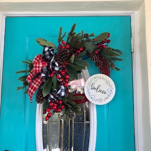 Christmas Berries Wreath, black and white buffalo check decor, Believe sign, holiday gift,  winter Farmhouse Wreath, red berries, wreath