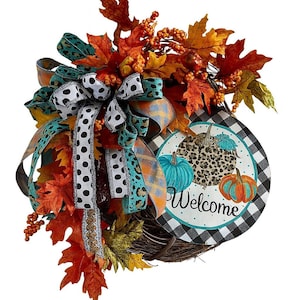 Fall Grapevine Wreath with Autumn Leaves and Pumpkins for